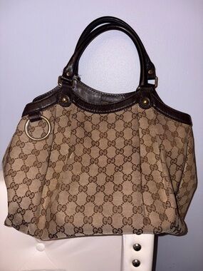 Gucci Brown GG Canvas Shoulder Bag with Dark Brown Leather Trim